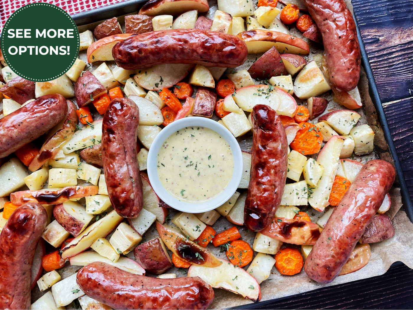 SHEET PAN SAUSAGE WITH HONEY MUSTARD SAUCE