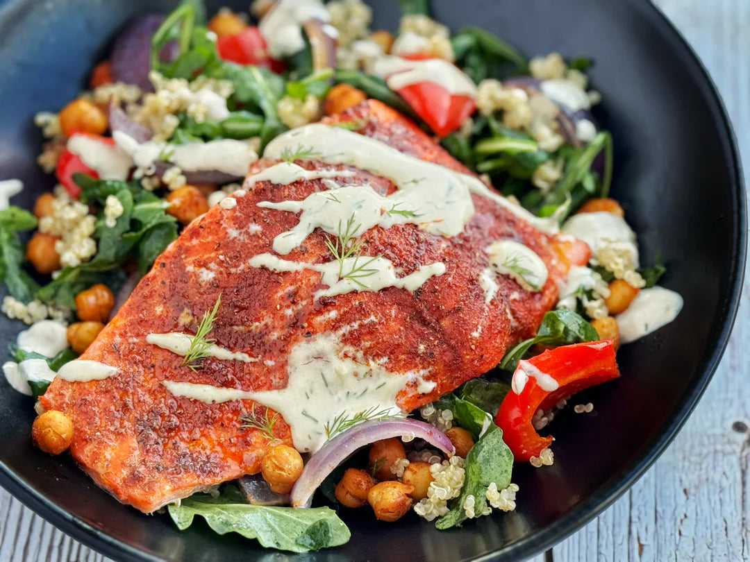 NEW! FALAFEL-SPICED SALMON BOWLS WITH ROASTED CHICKPEAS