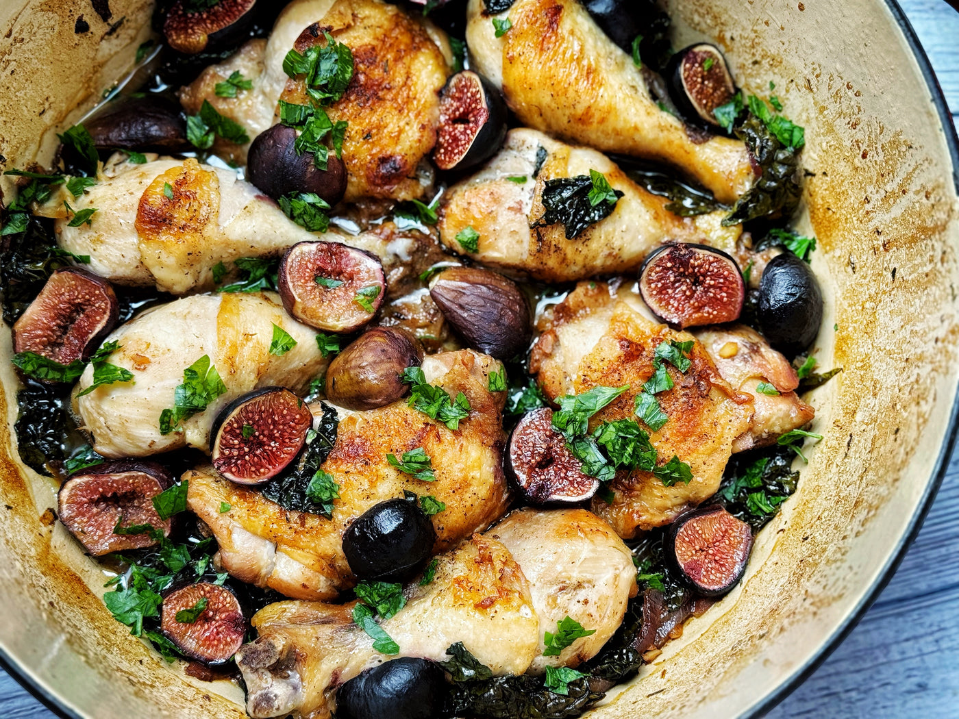 NEW! BALSAMIC-BRAISED CHICKEN WITH FIGS & KALE