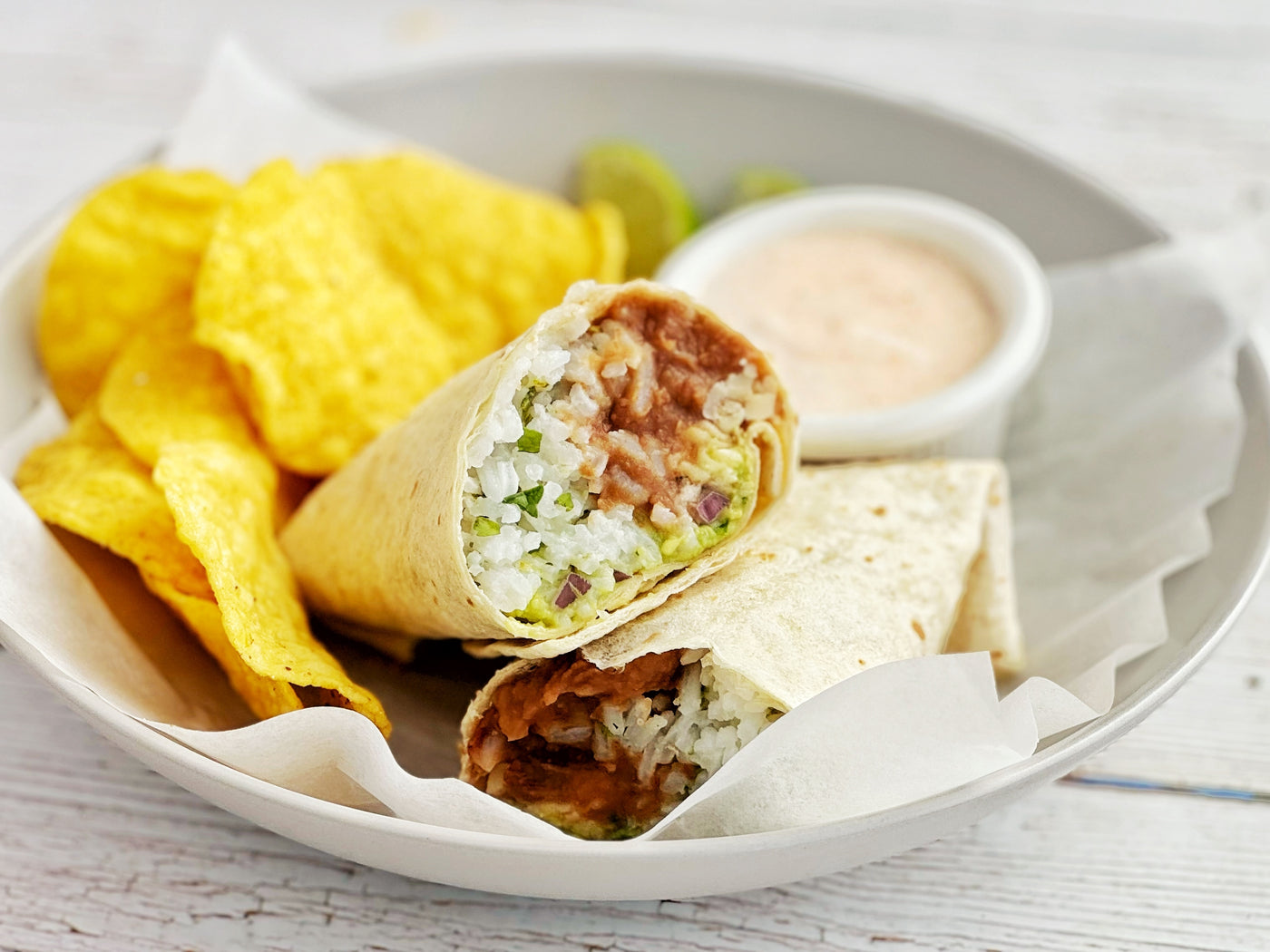 BEAN & CHEESE BURRITOS WITH CILANTRO LIME RICE AND GUACAMOLE
