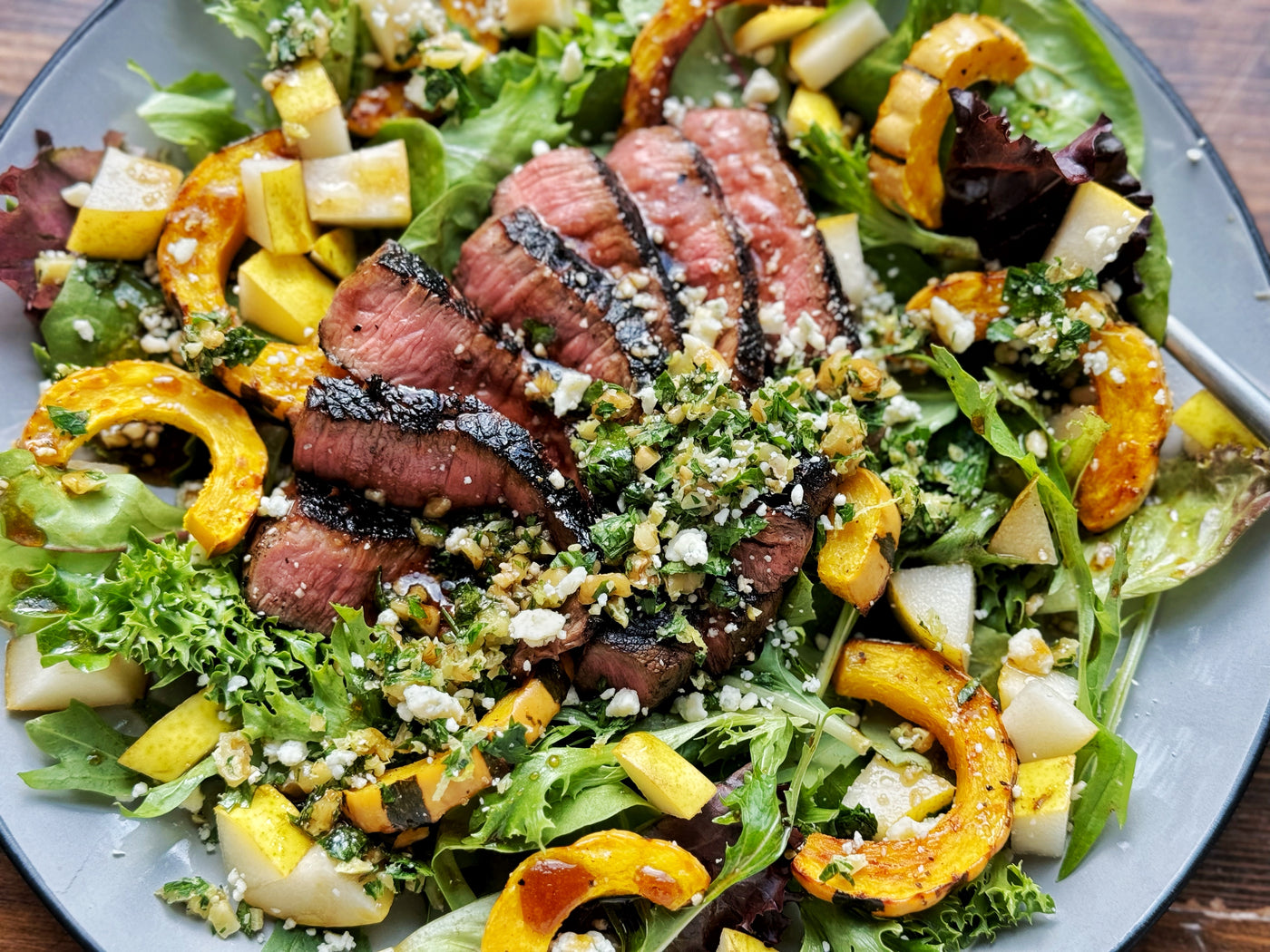 NEW! BALSAMIC STEAK SALAD WITH PEAR, DELICATA, & GORGONZOLA