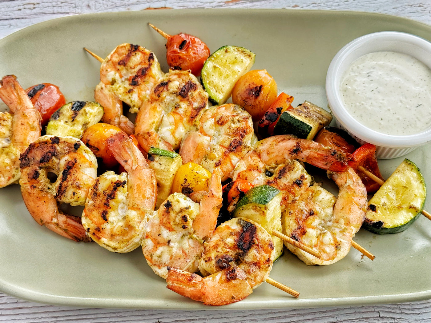 EASY GRILLED LEMON SHRIMP & VEGGIE KEBABS WITH LEMON AIOLI