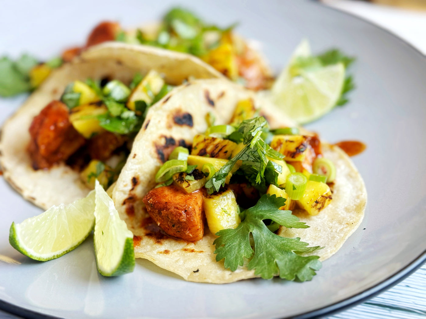 FISH TACOS AL PASTOR WITH GRILLED PINEAPPLE SALSA