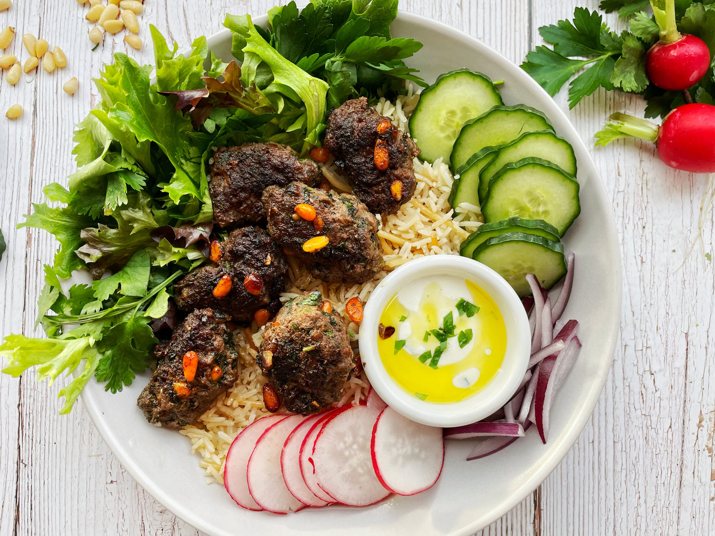 BEEF KEFTA BOWLS WITH RICE PILAF & GARLICKY YOGURT SAUCE