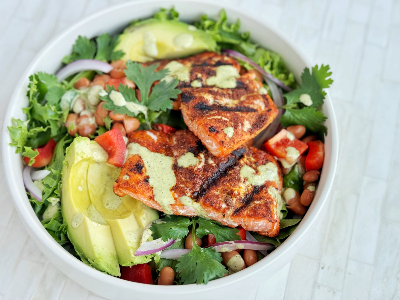 GRILLED SALMON SALAD WITH CREAMY CILANTRO DRESSING