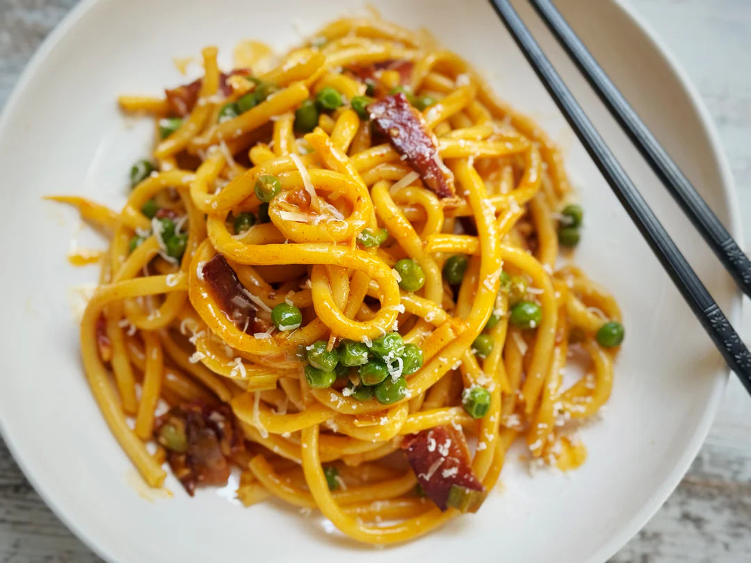 NEW! GOCHUJANG CARBONARA WITH PEAS & BACON