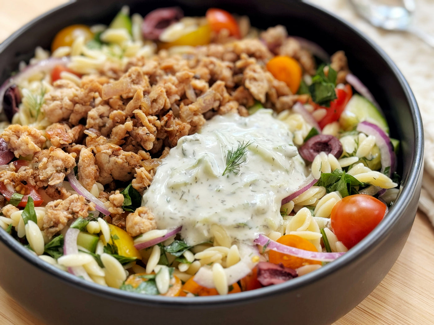 MAGIC GREEK GROUND CHICKEN BOWLS WITH LEMON & DILL ORZO