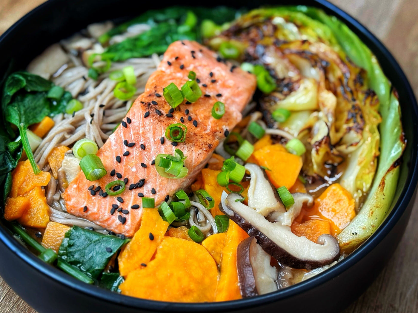 NEW! SOBA NOODLE SOUP WITH SALMON & CHARRED CABBAGE