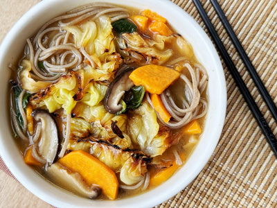 NEW! SOBA NOODLE SOUP WITH SALMON & CHARRED CABBAGE