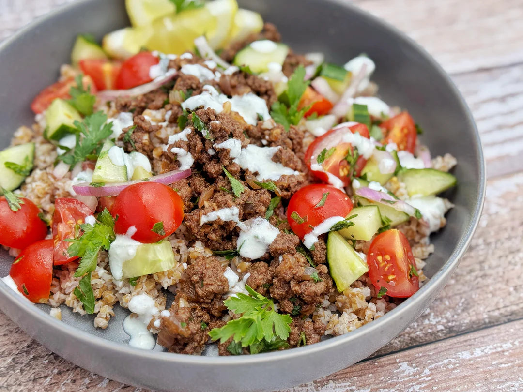 MAGIC BAHARAT BEEF BOWLS WITH CREAMY FETA SAUCE