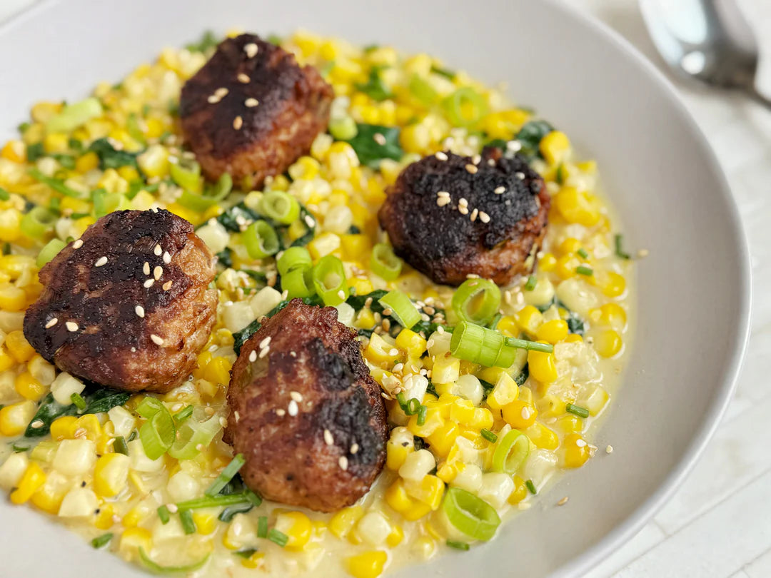 NEW!  MISO & GINGER MEATBALLS WITH MISO BUTTER CREAMED CORN