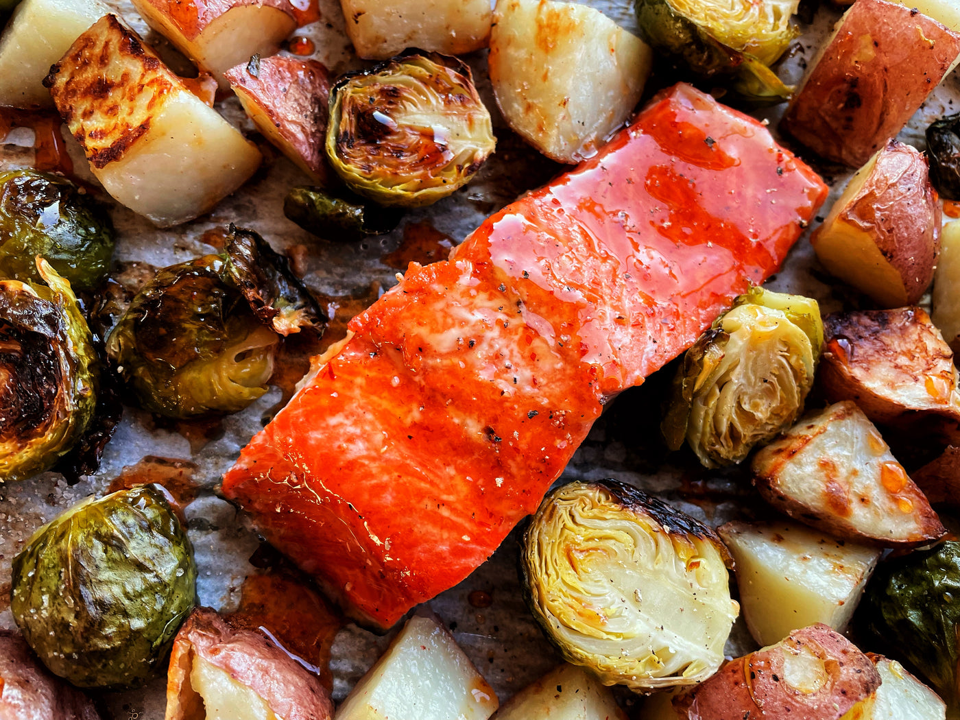 SHEET PAN SALMON WITH HOT HONEY & BRUSSELS SPROUTS