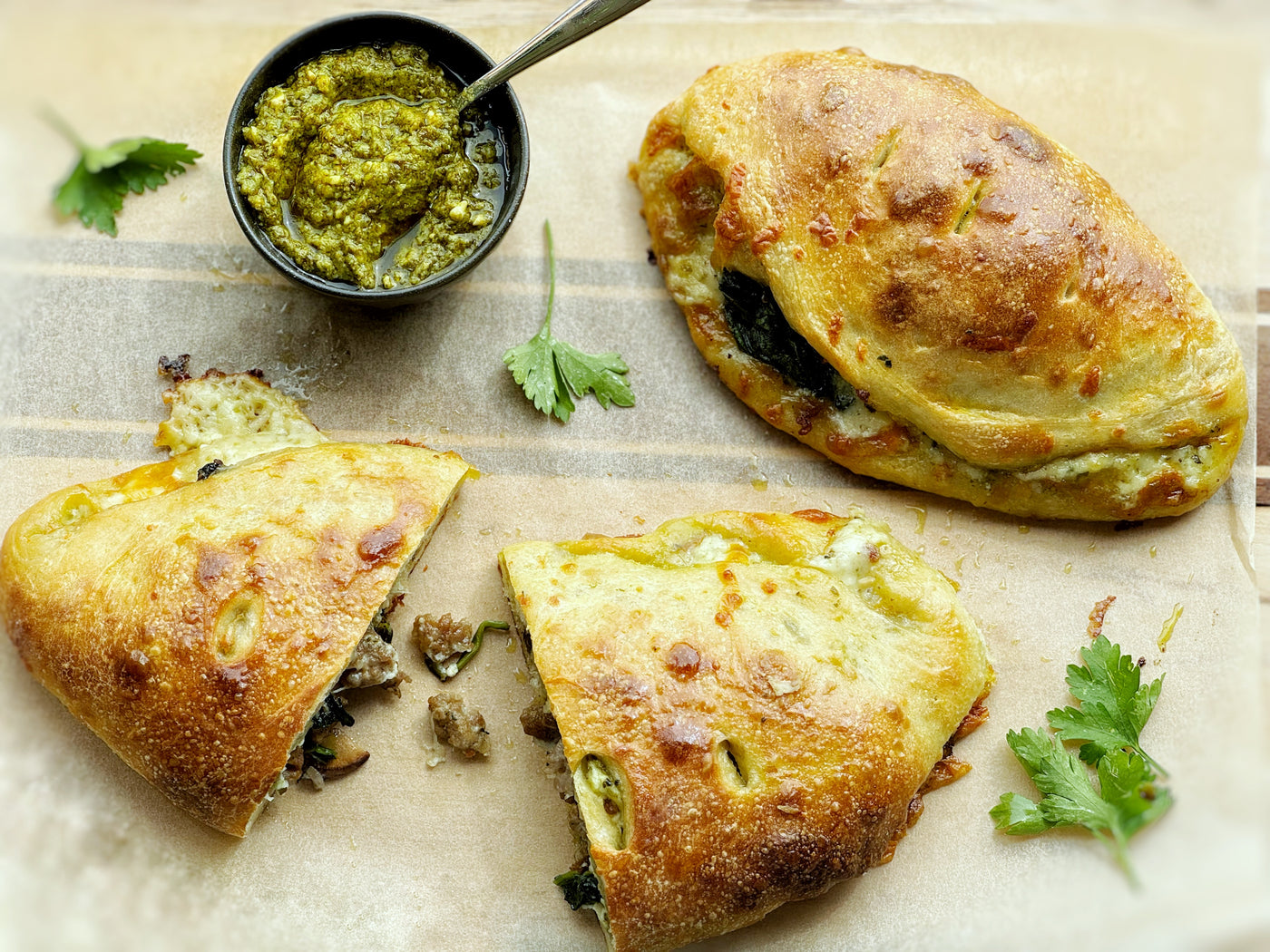 PESTO CALZONES WITH SAUSAGE AND VEGGIES