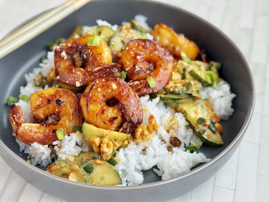QUICK HONEY GARLIC SHRIMP WITH CUCUMBER & PEANUT SALAD