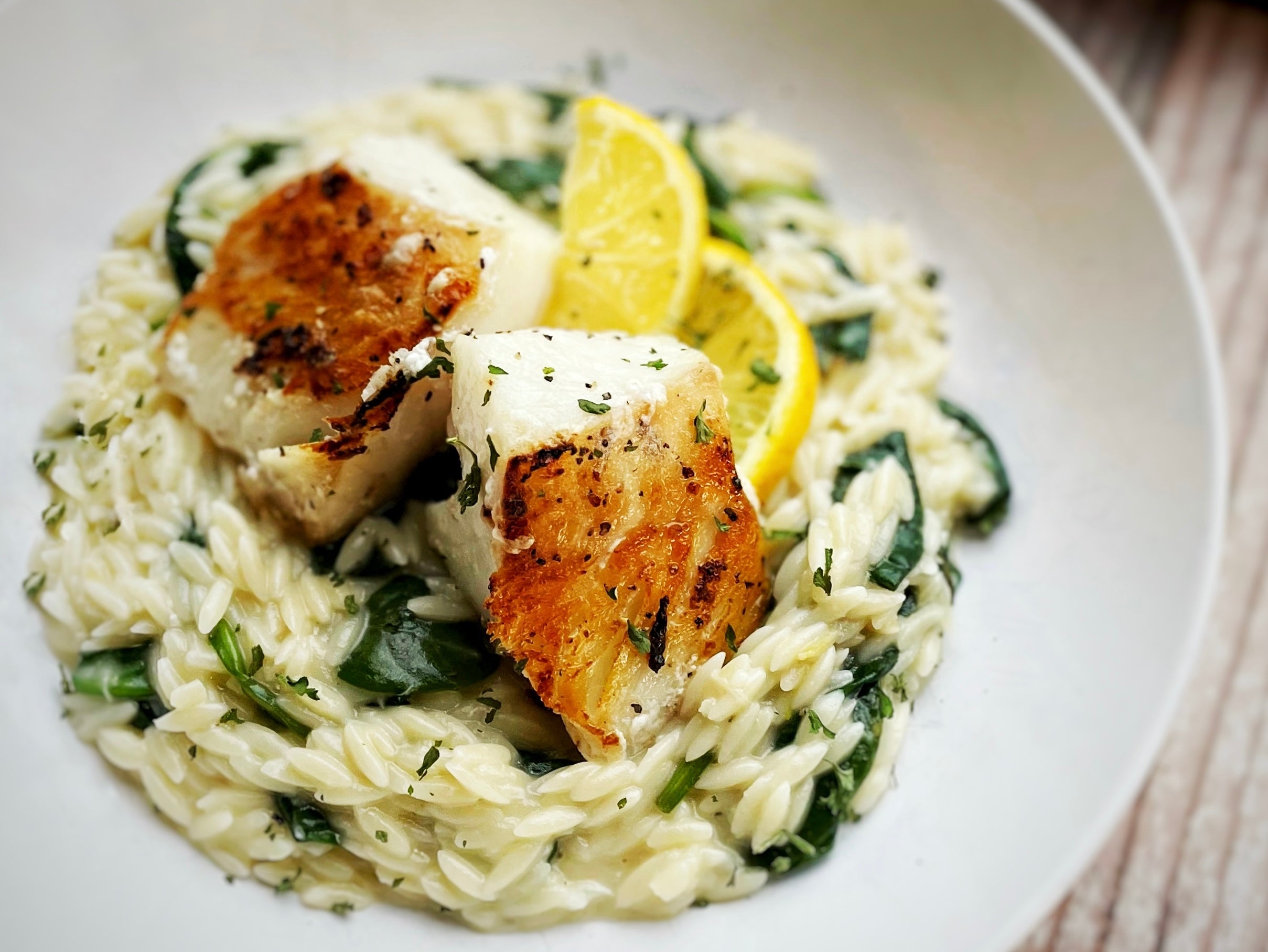 SEARED COD WITH LEMON ORZO – Spade & Spoon