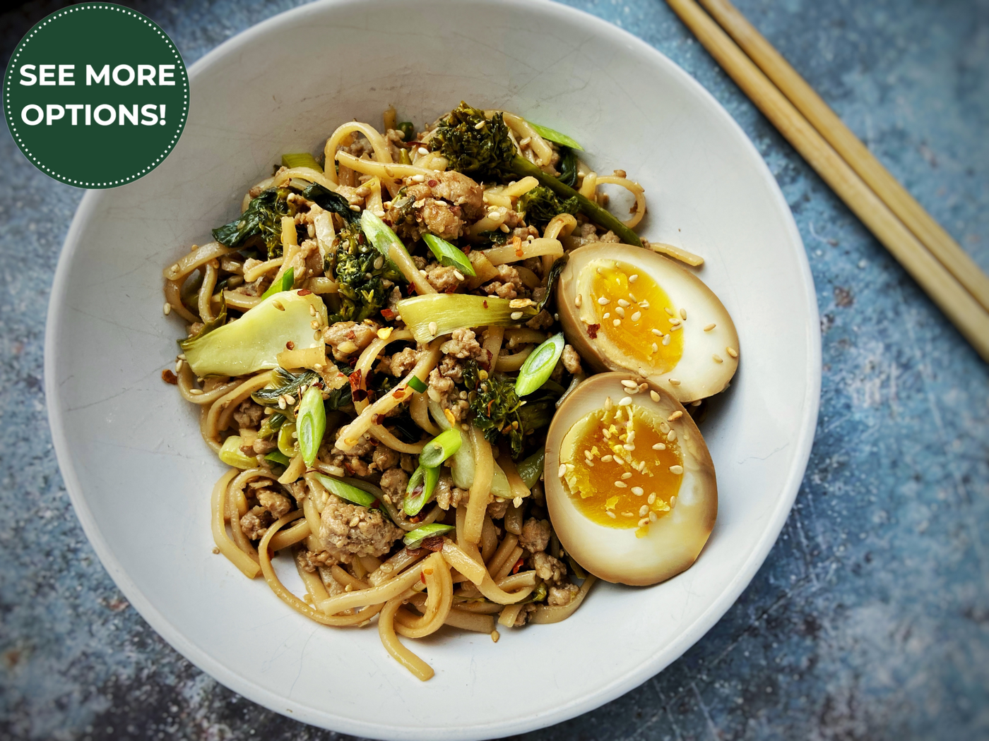 GINGERY PORK NOODLE BOWLS WITH BROCCOLINI