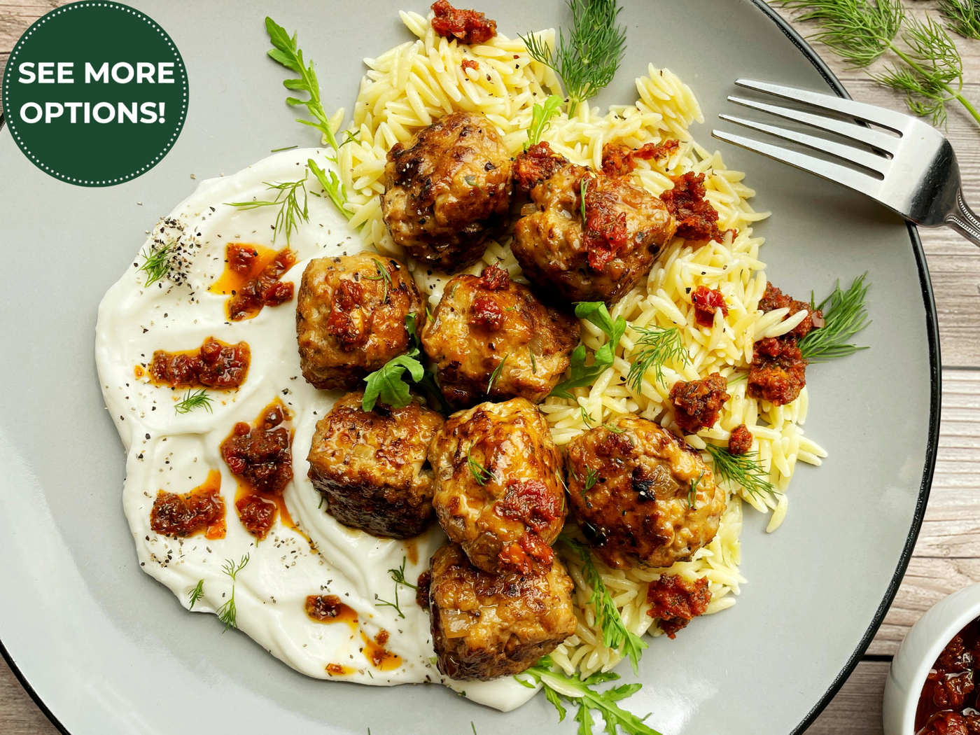 LEMON DILL MEATBALLS WITH ORZO & HERBED YOGURT