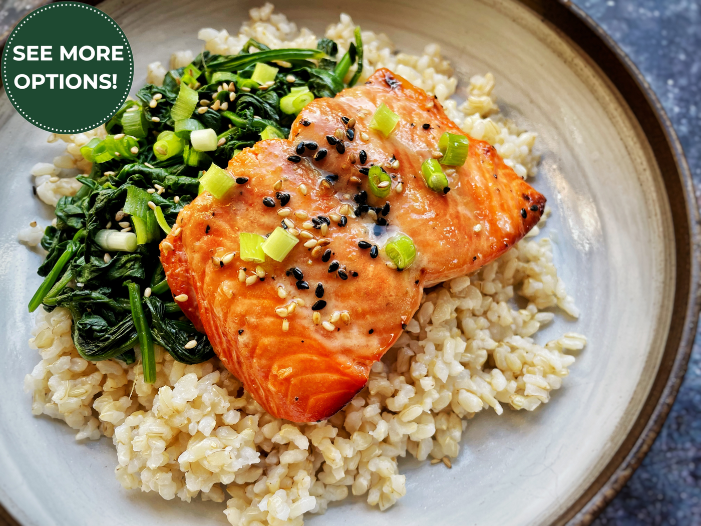 MISO-GLAZED SALMON WITH SESAME SPINACH SALAD & BROWN RICE