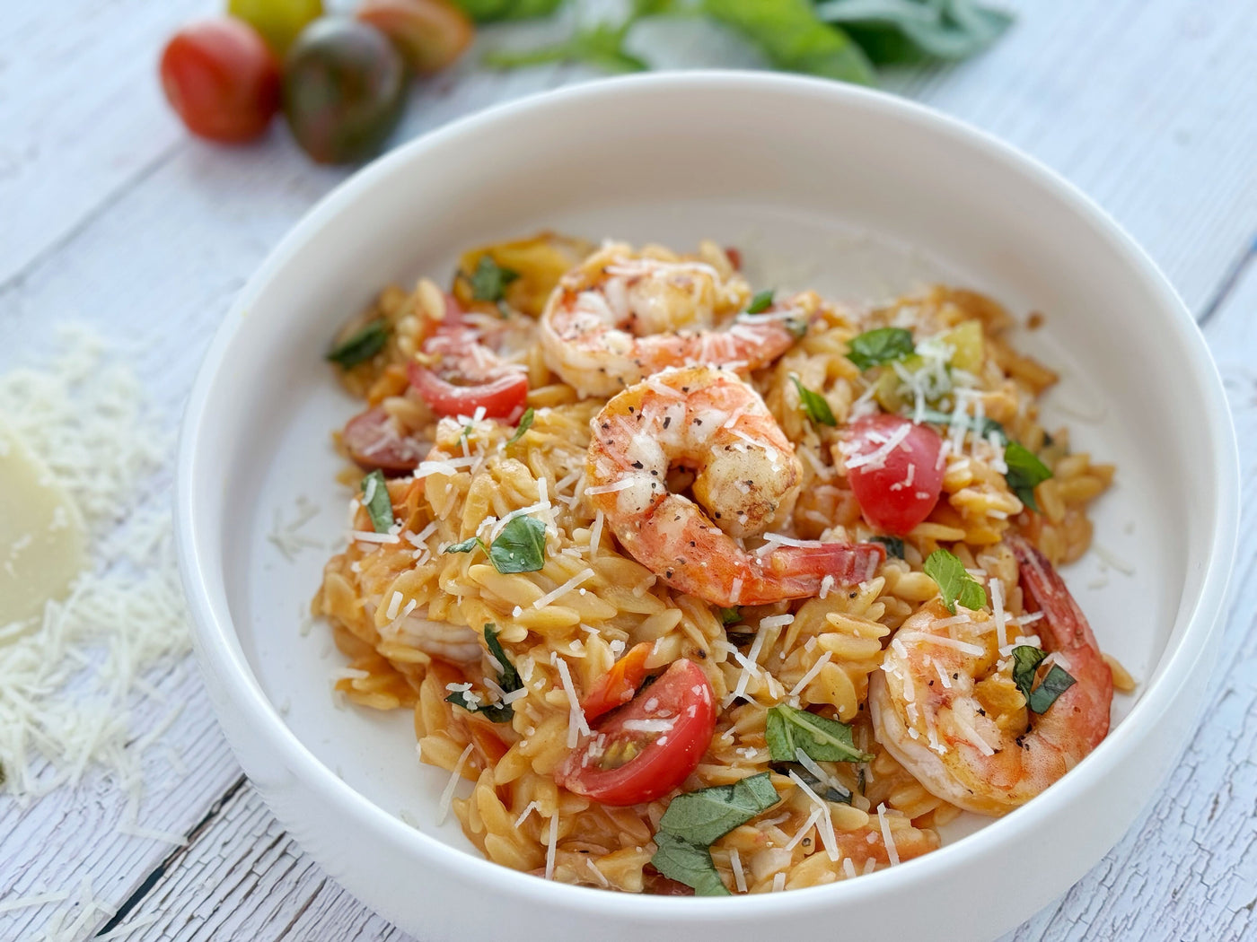 SEARED SHRIMP WITH CREAMY TOMATO & BASIL ORZO