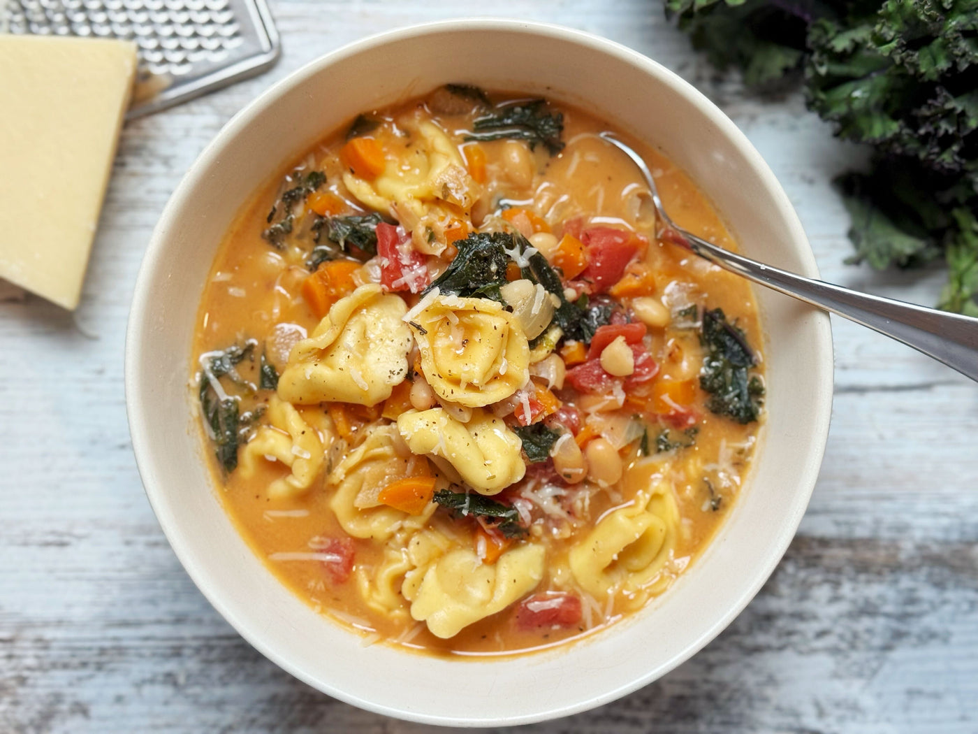 NEW! CREAMY TORTELLINI SOUP WITH WHITE BEANS & KALE