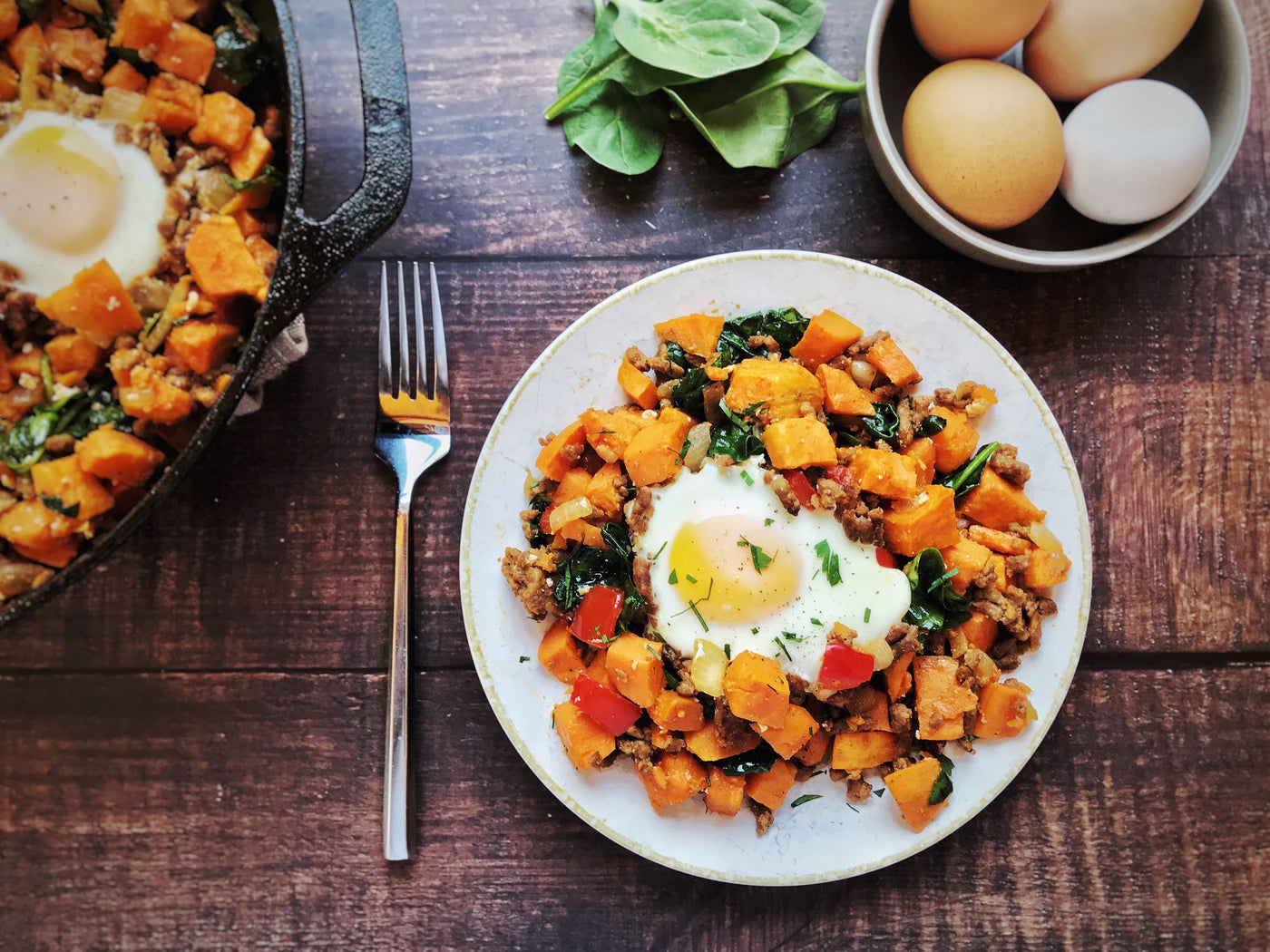 HUEVOS CON CHORIZO HASH WITH SWEET POTATOES