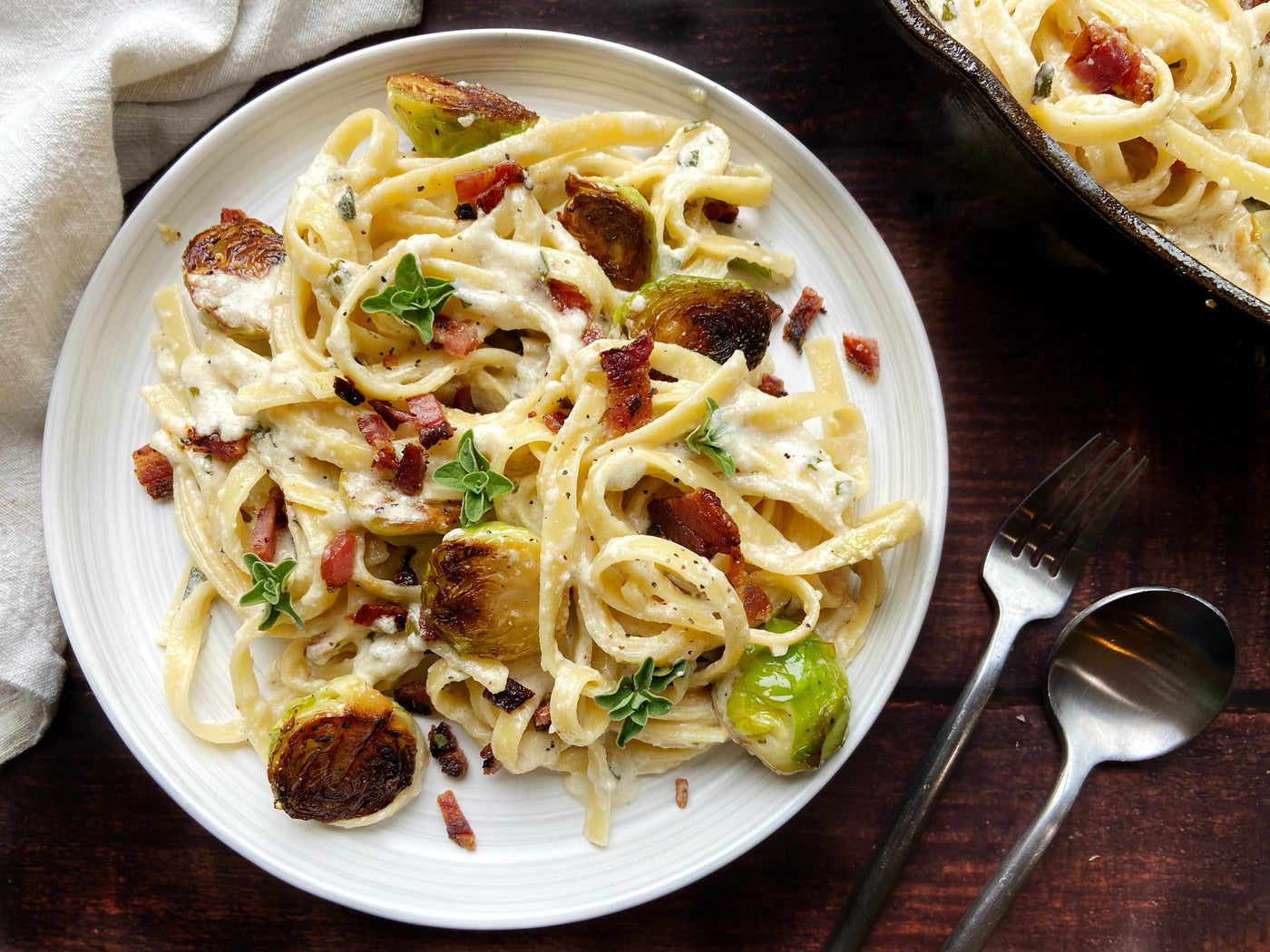 SEASONAL FAVORITE! FETTUCCINE ALFREDO WITH BROWN BUTTER BRUSSELS