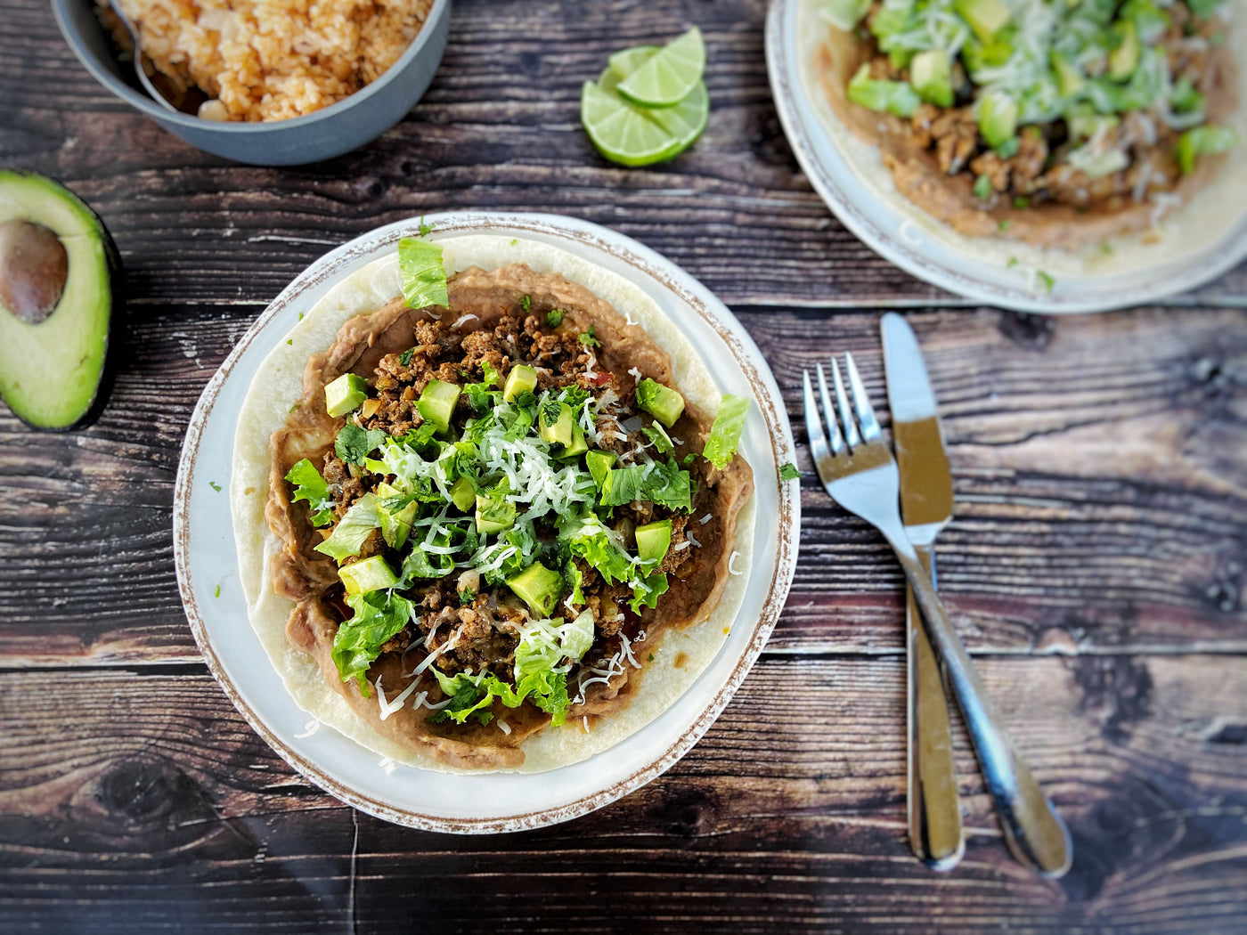 GROUND BEEF TACOS WITH REFRIED BEANS