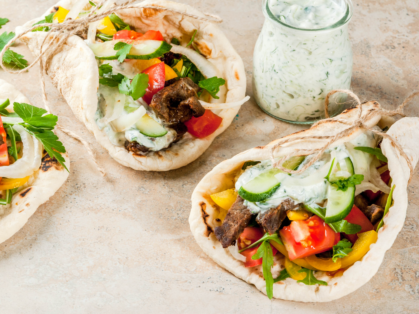 QUICK STEAK SOUVLAKI FLATBREAD WRAPS WITH TZATZIKI