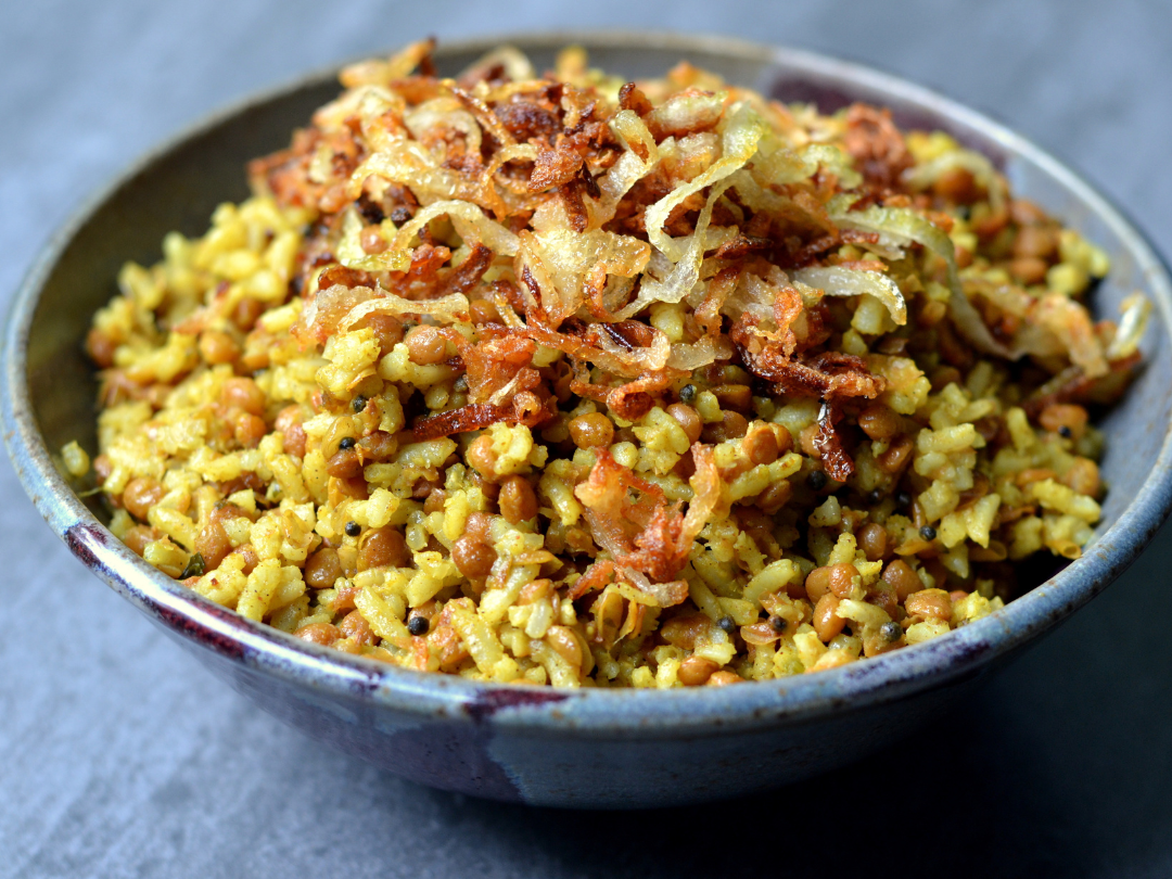 MEJADRA (SPICED LENTILS & RICE WITH FRIED ONIONS) & TOMATO SALAD