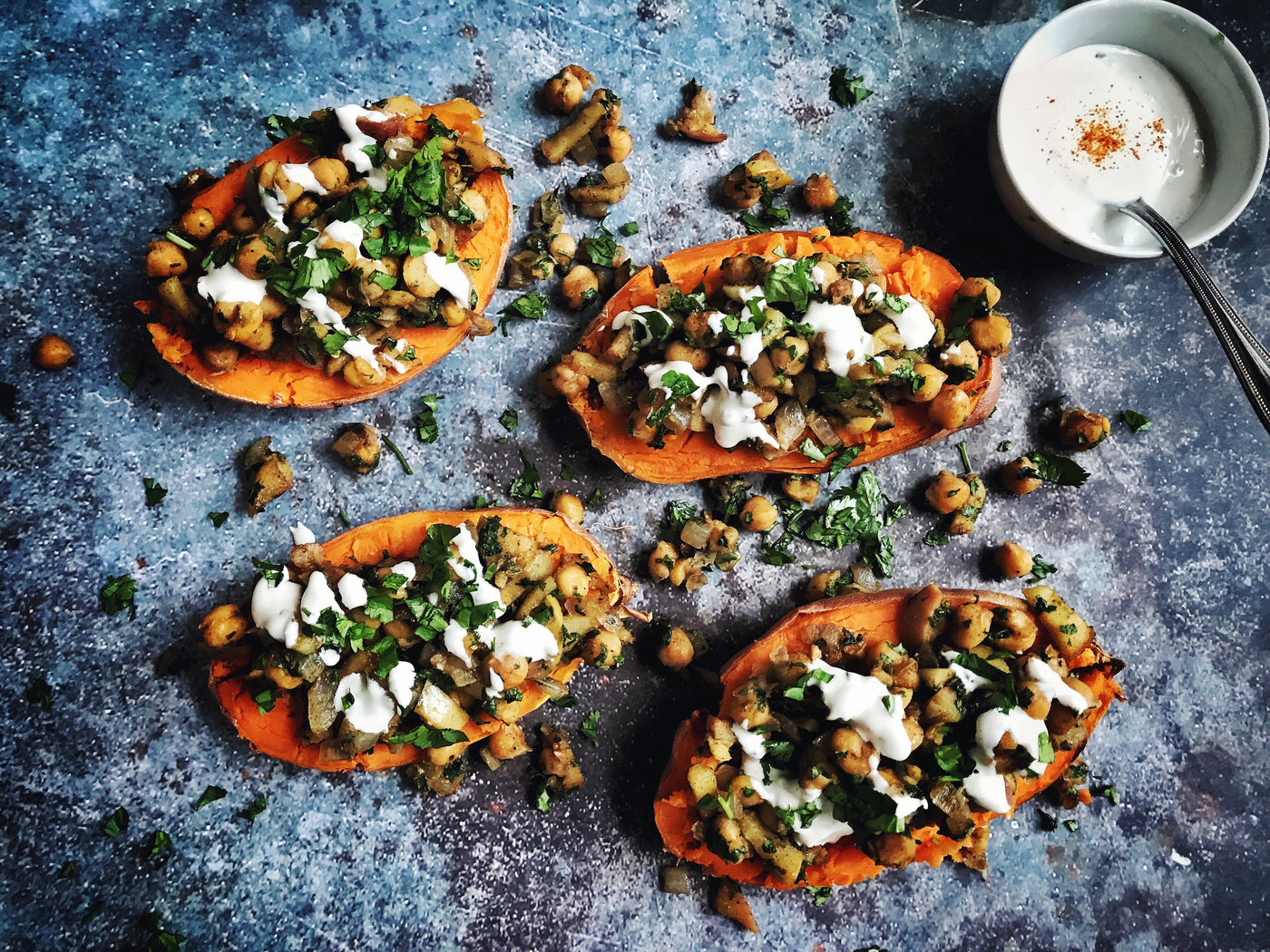 MOROCCAN CHICKPEA STUFFED SWEET POTATOES