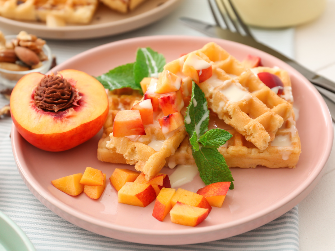 OVERNIGHT WAFFLES WITH PEACH COMPOTE & FRIED EGGS
