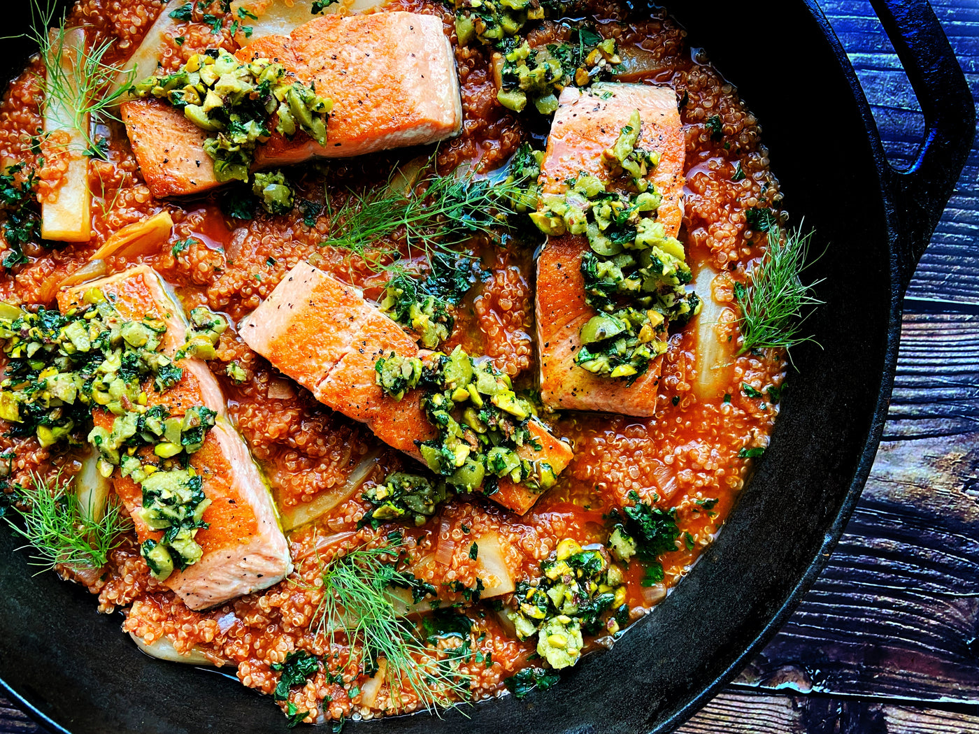 SALMON SKILLET WITH QUINOA AND OLIVE & PISTACHIO RELISH