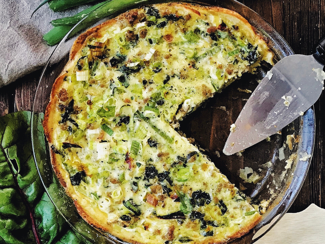 POTATO CRUSTED QUICHE WITH LEEKS, MUSHROOMS, & BROCCOLI